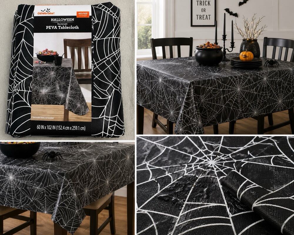 Way to Celebrate Halloween Spider Web Tablecloth 60x102 Black White NWT